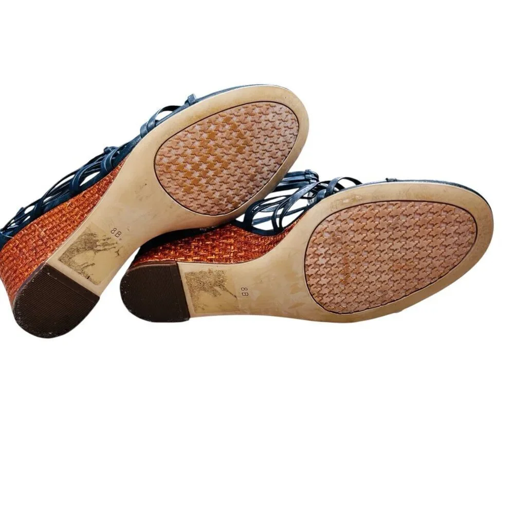 Ralph Lauren Alexandrea Caged Wedge Sandal 8 Navy Preppy Strappy Woven Coastal B
